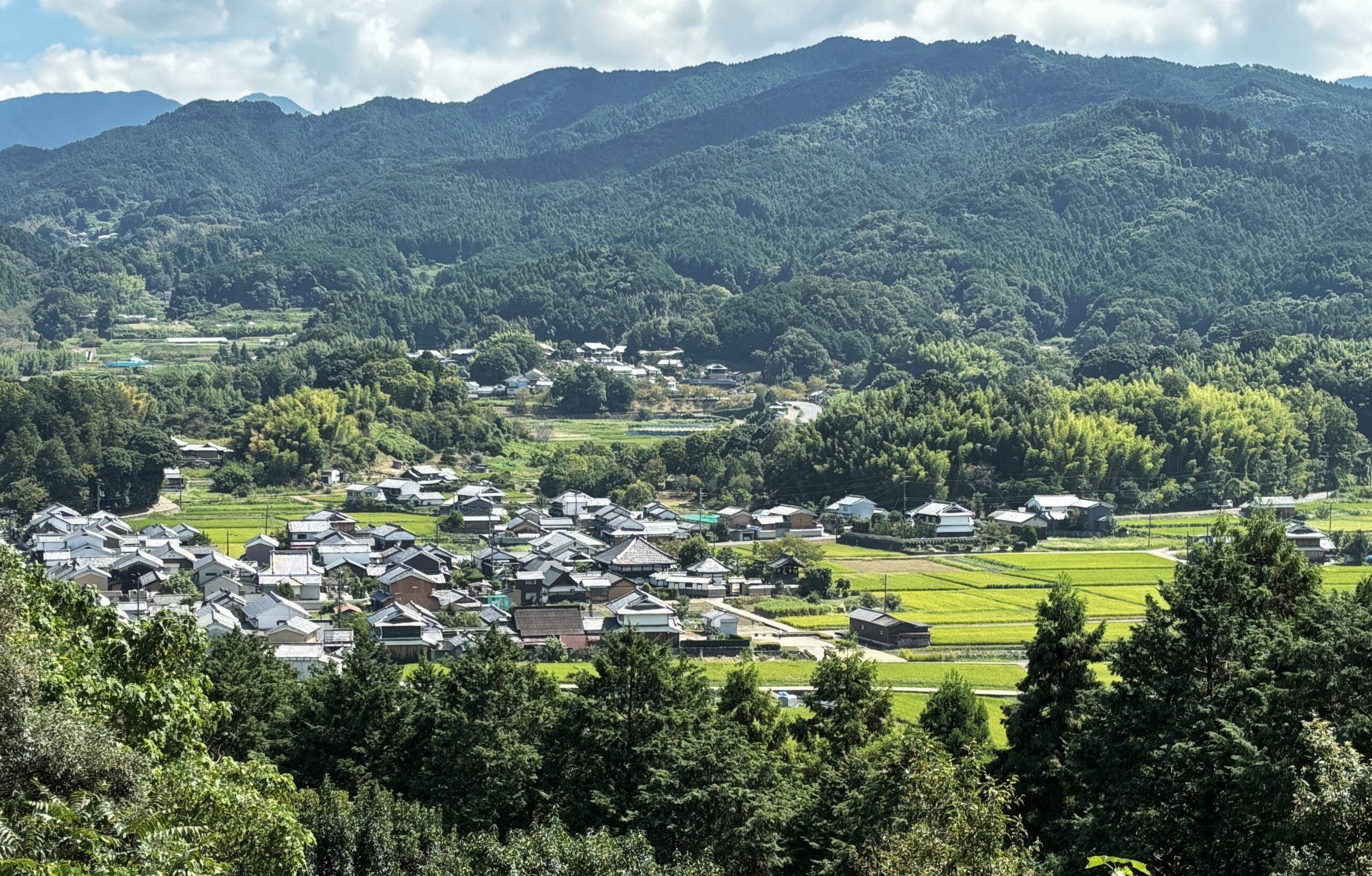 Peaceful countryside landscape of Asuka, ancient Japan’s birthplace, with traditional village, rice fields, and mountains