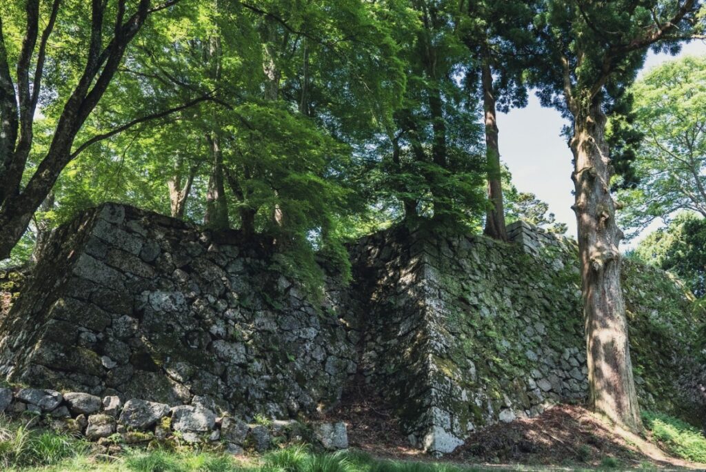 Stone walls of Takatori Castle ruins surrounded by forest, reflecting the quiet atmosphere of a historic mountain castle town.
