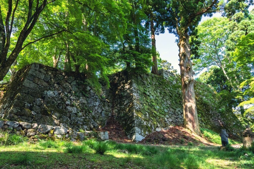 Muros de piedra de las ruinas del castillo de Takatori rodeados de bosque, histórica ciudad-castillo en la Nara rural
