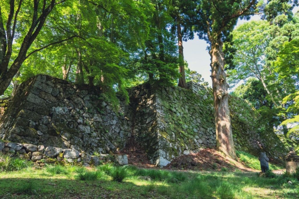 Massive stone walls of Takatori Castle surrounded by forest