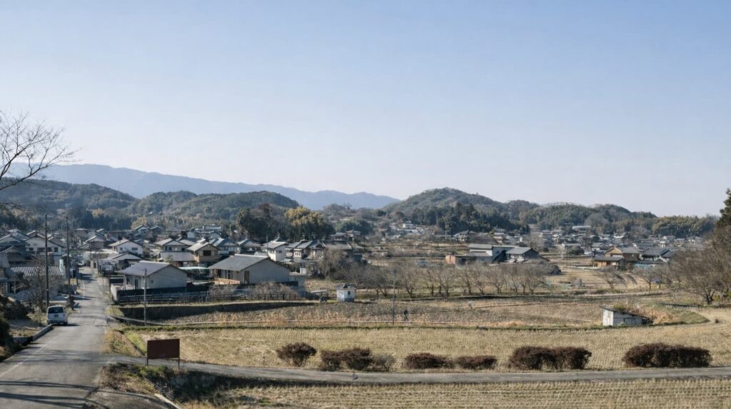 Quiet rural landscape in Asuka, Nara, with rice fields and distant mountains